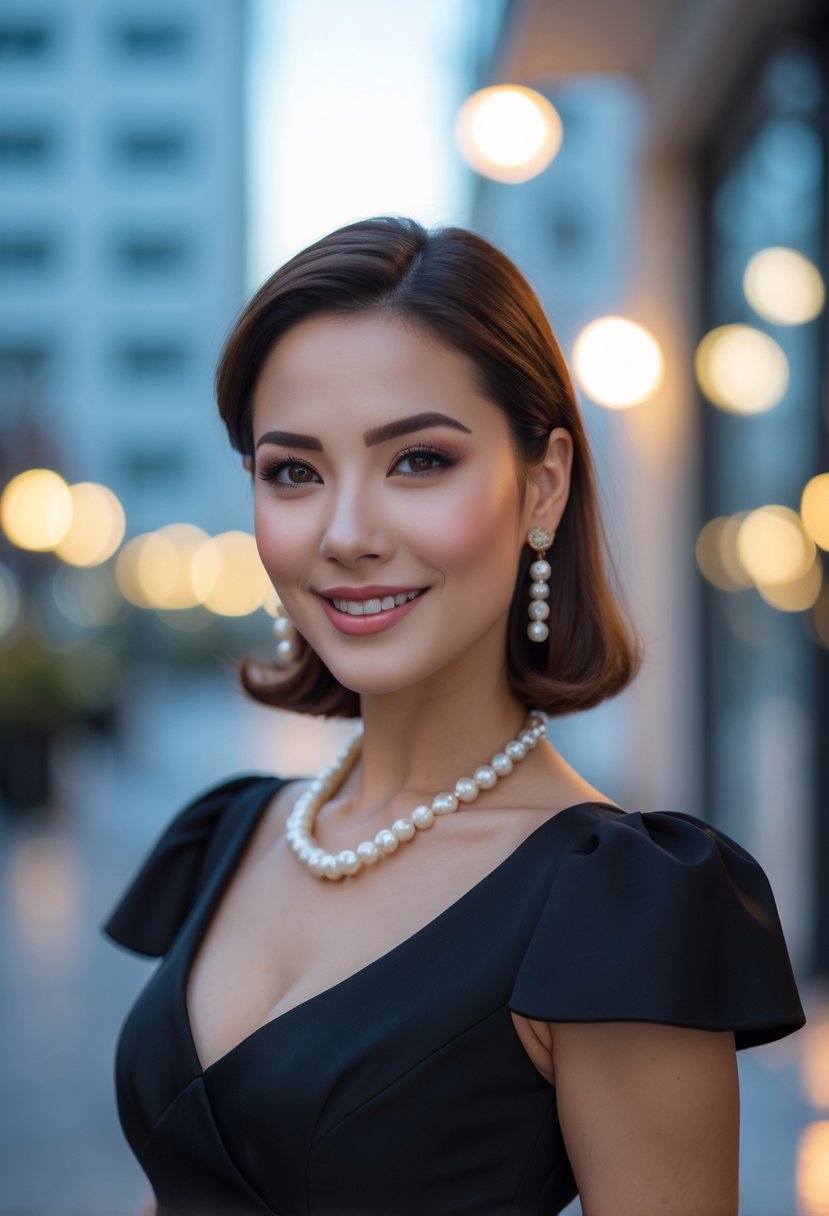 A woman wearing a little black dress and pearl earrings stands smiling in an evening city setting with blurred lights in the background.