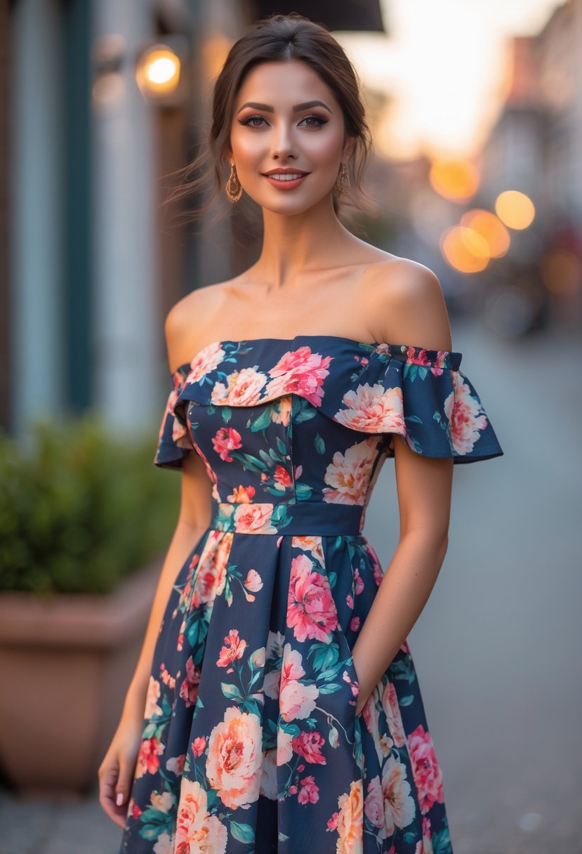 A woman wearing a floral off-shoulder midi dress standing outdoors on a city street during sunset.