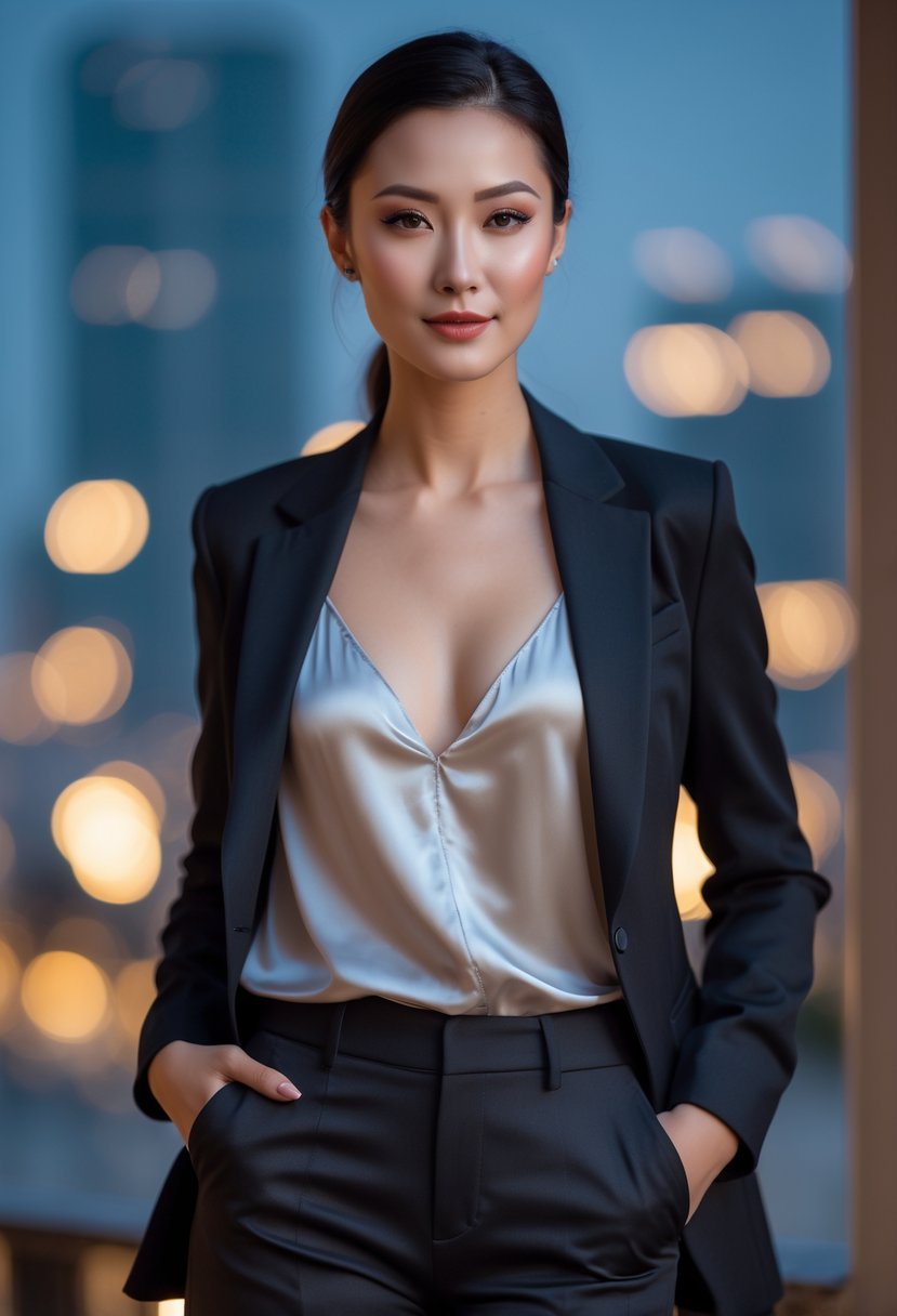 A woman standing outdoors in the evening wearing a blazer, silk top, and fitted pants.