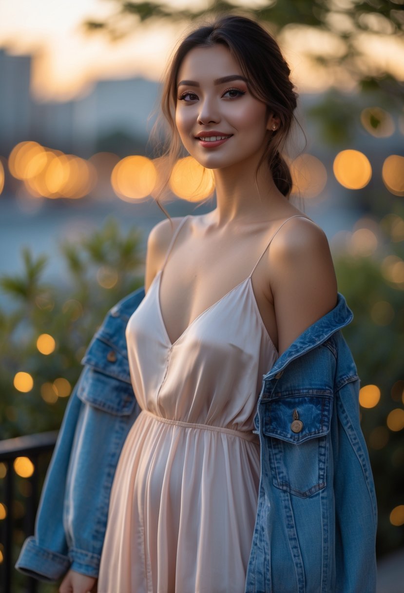 A woman outdoors wearing a slip dress with a denim jacket, smiling gently with city lights in the background.