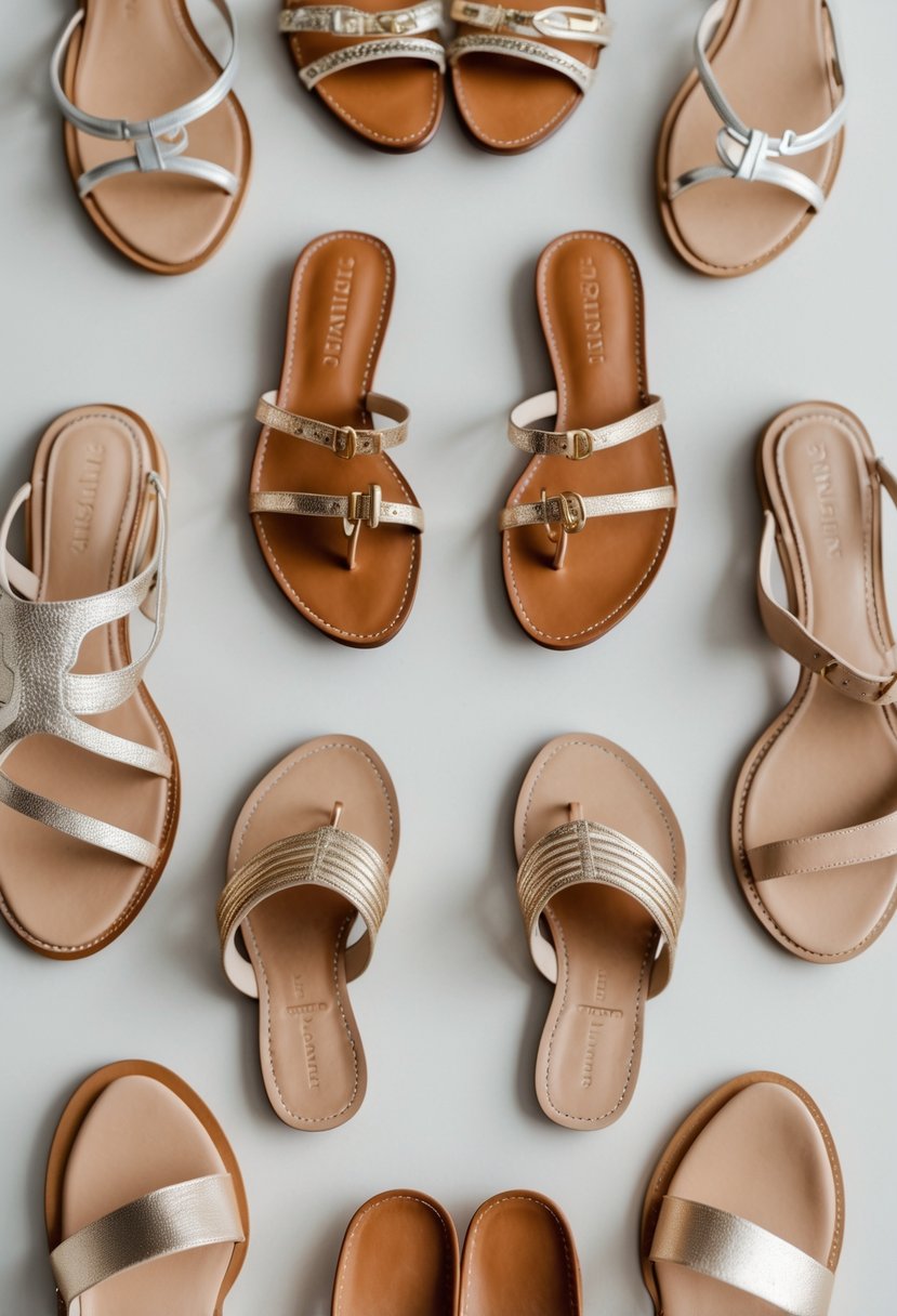 Six pairs of women's sandals arranged neatly on a plain background.