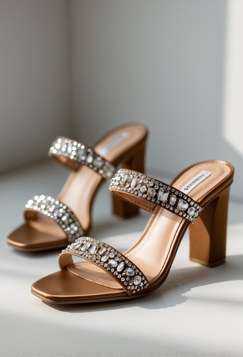 A pair of embellished sandals displayed on a neutral background.