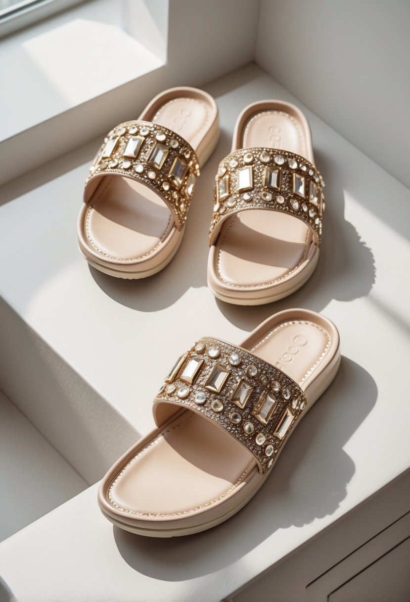 A pair of embellished slide sandals displayed on a neutral background.
