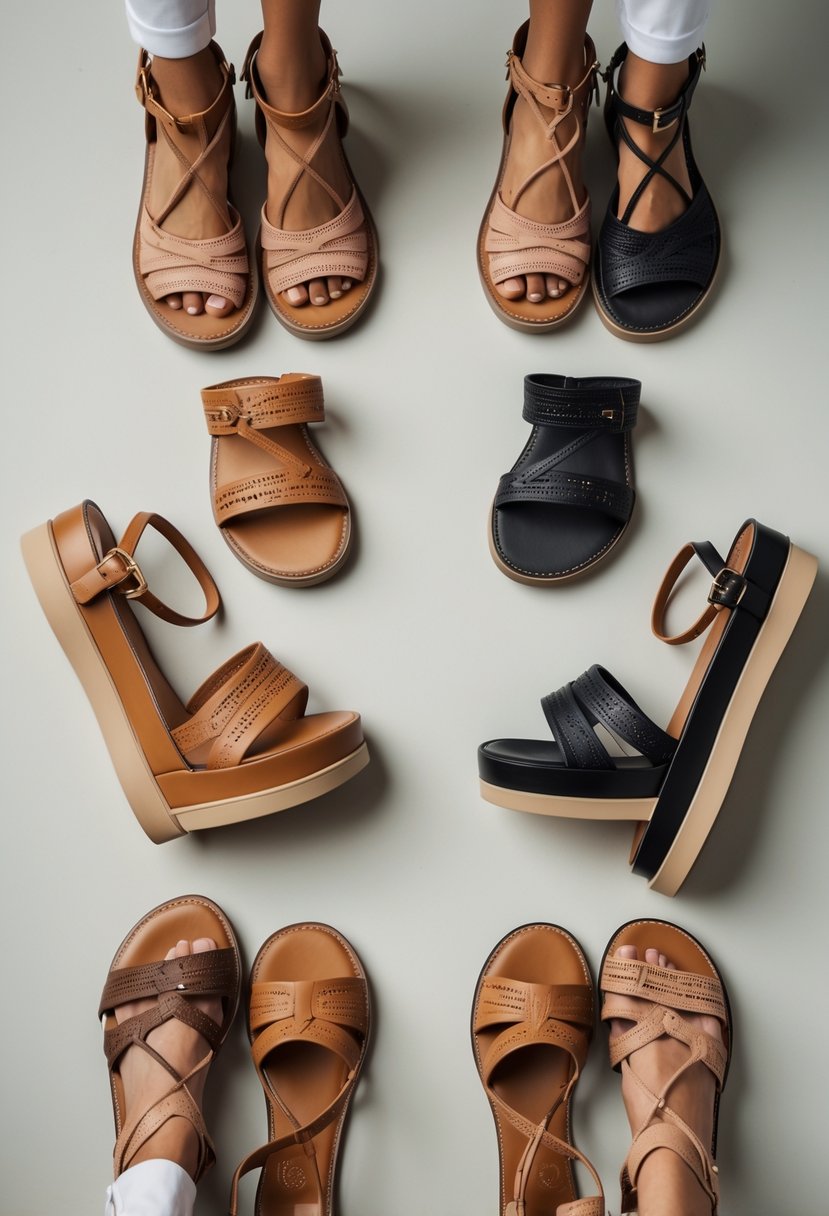 Six gladiator platform sandals arranged neatly on a neutral background.