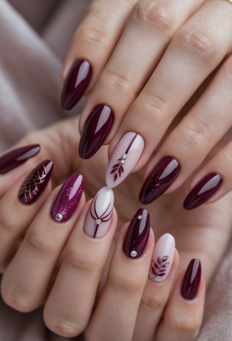 Close-up of two hands showing eight different burgundy nail designs on well-groomed nails.