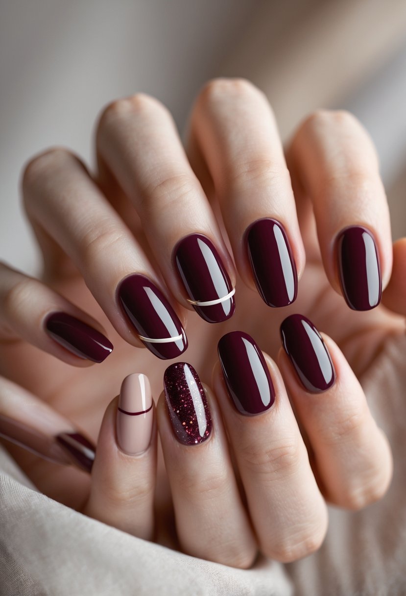 Close-up of a hand showing eight fingernails painted in various glossy burgundy designs.
