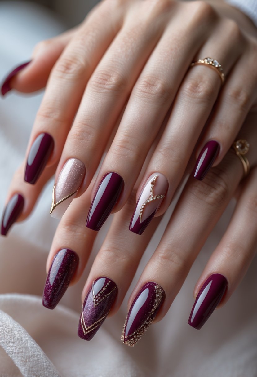 Close-up of a woman's hands showing eight different burgundy French tip nail designs with various patterns and details.