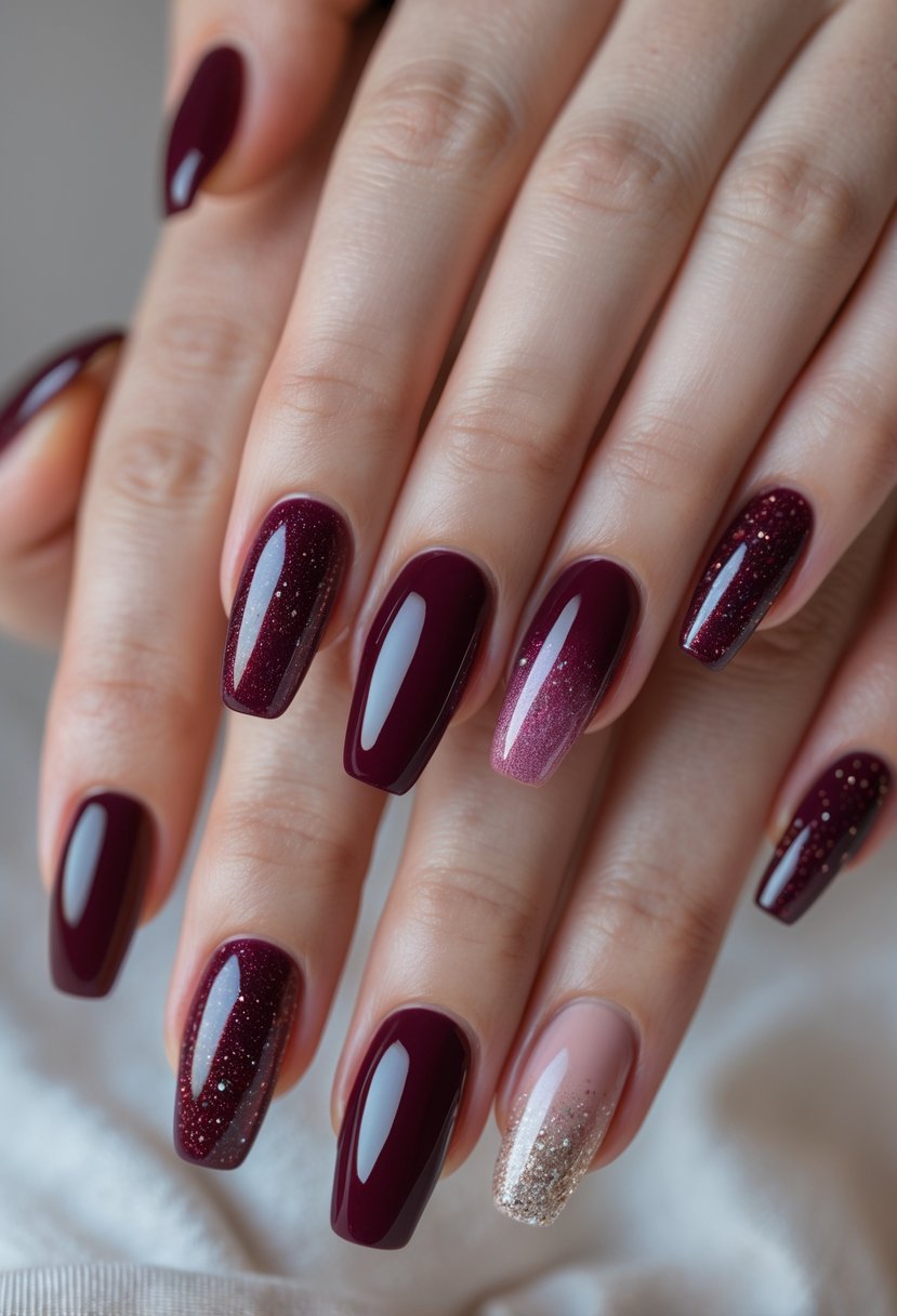 Close-up of hands showing eight burgundy nails with subtle glitter accents.