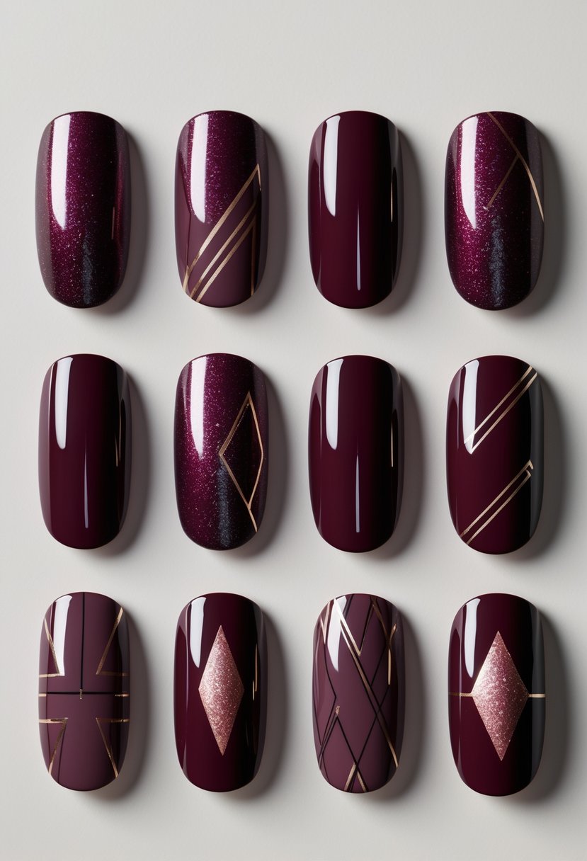 Eight burgundy nails with different geometric patterns arranged on a neutral background.