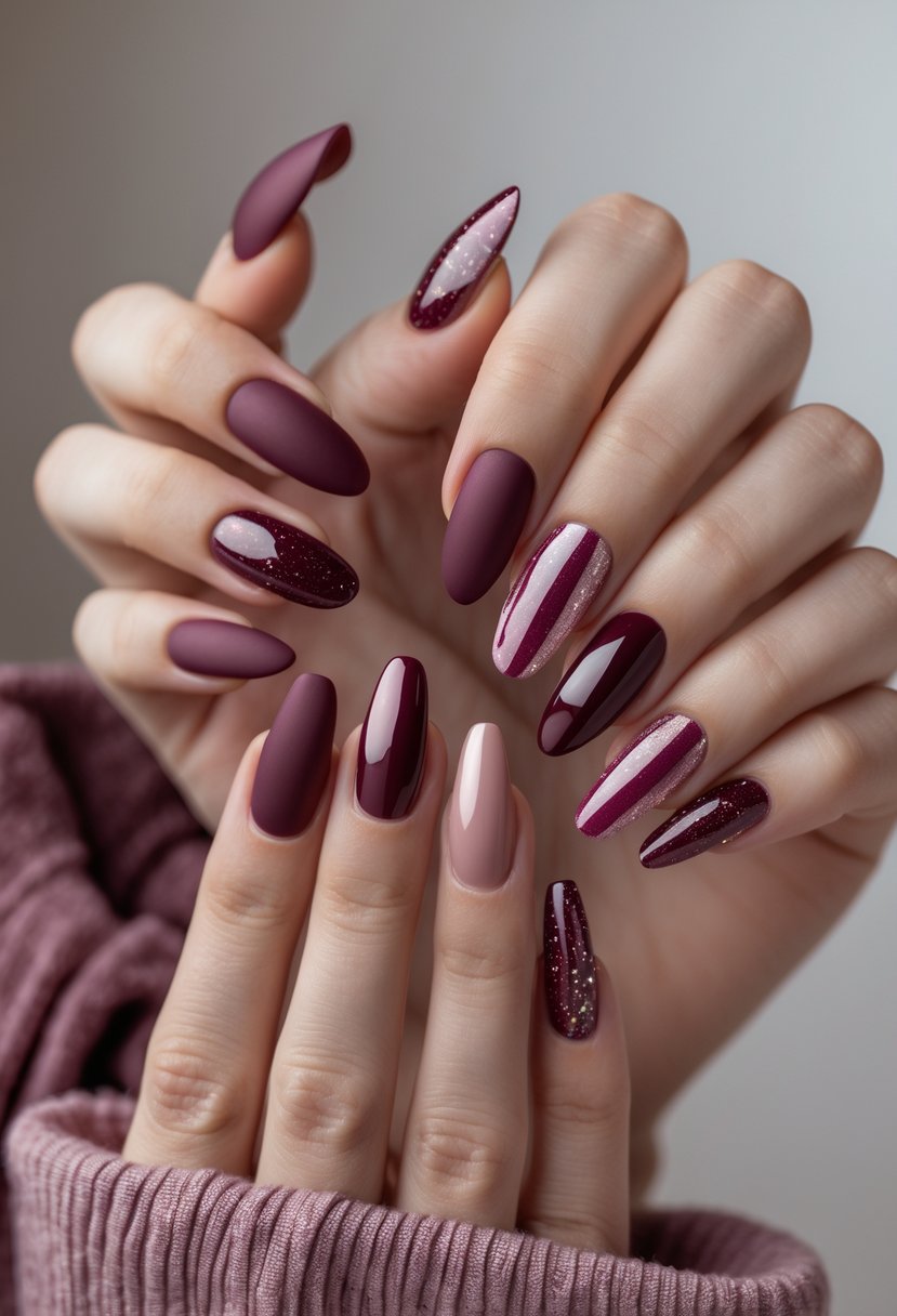 Eight well-manicured hands displaying different burgundy nail designs against a neutral background.