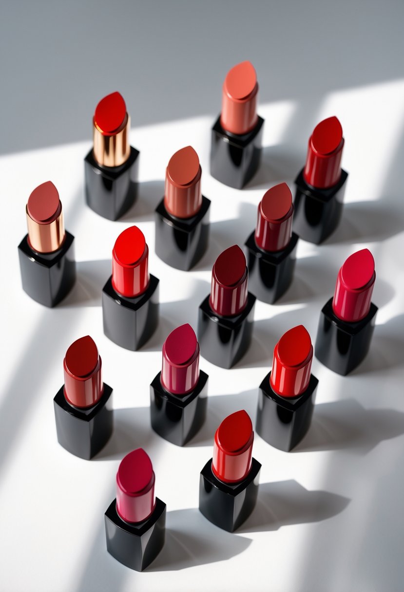 Nine classic red lipsticks arranged in a row with caps off on a white background.