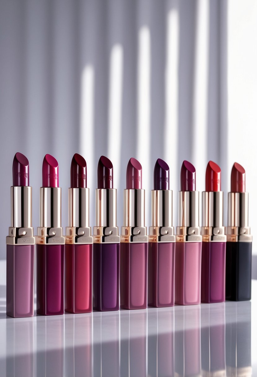 Nine lipstick tubes in various berry wine shades arranged in a row on a white surface.