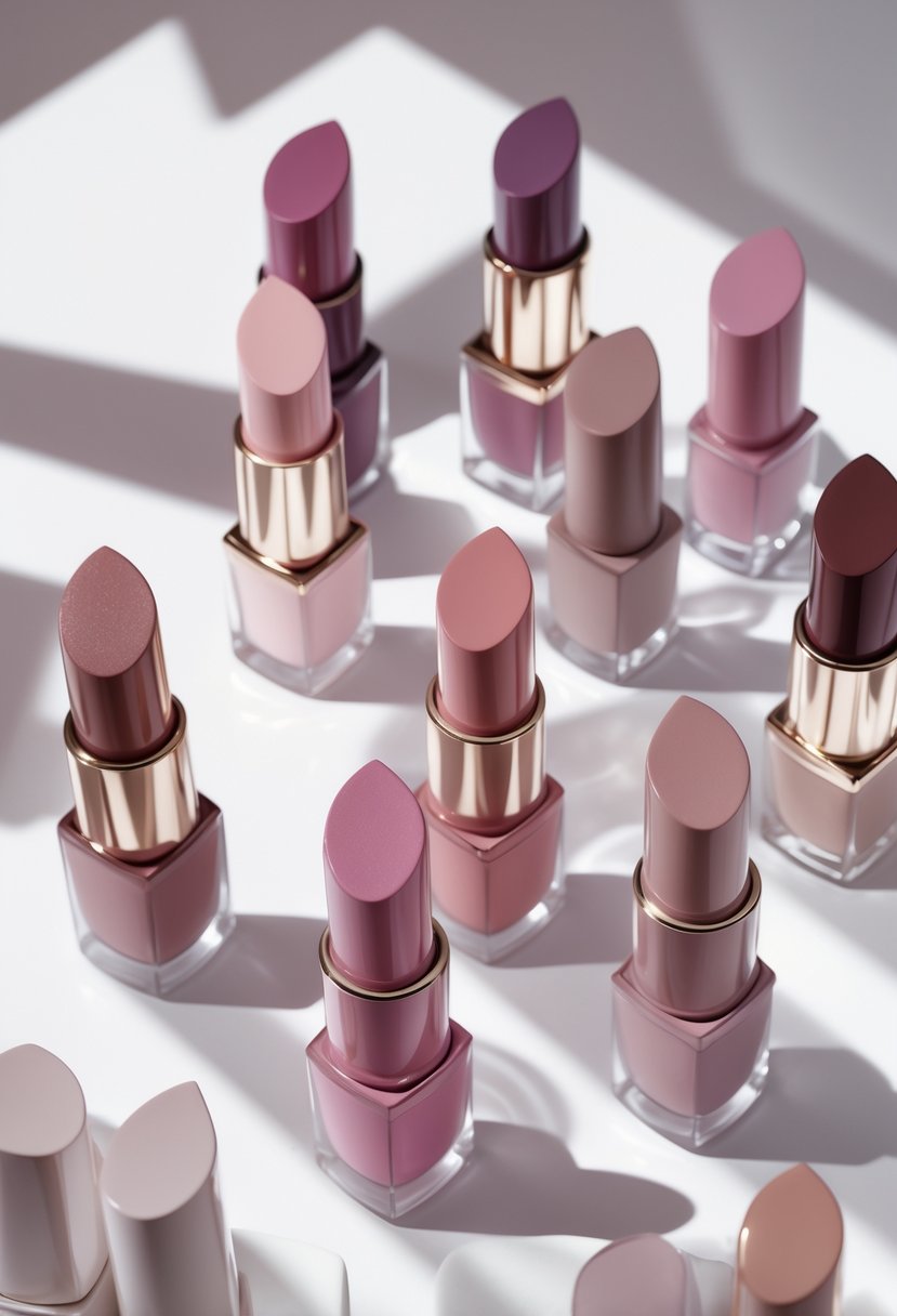 Nine mauve pink lipstick shades arranged in a neat row on a white background.