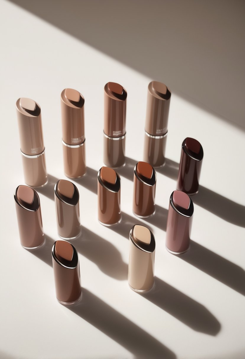 Nine taupe brown lipstick shades arranged in a row on a white background.