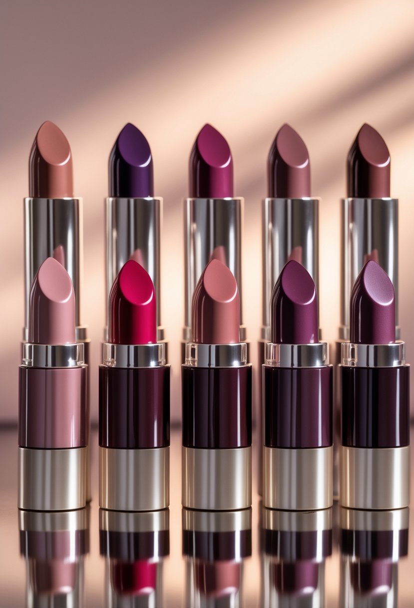 Nine lipsticks in different deep plum shades arranged in a row on a reflective surface.