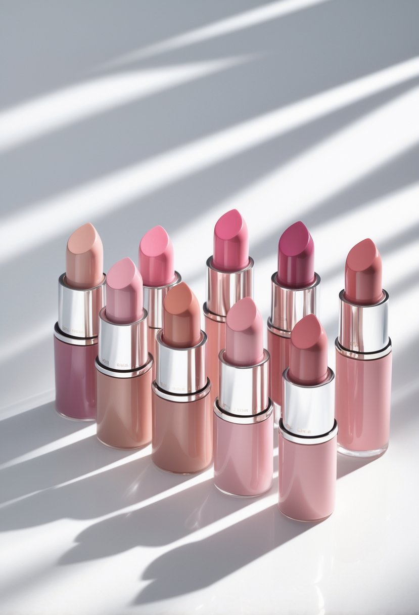 Nine baby pink lipstick shades arranged in a row with their caps off on a white surface.