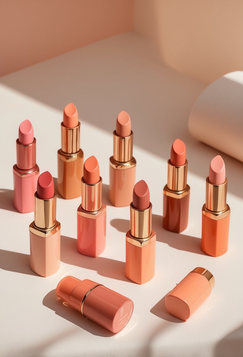 Nine warm peach lipstick shades arranged neatly on a neutral background.