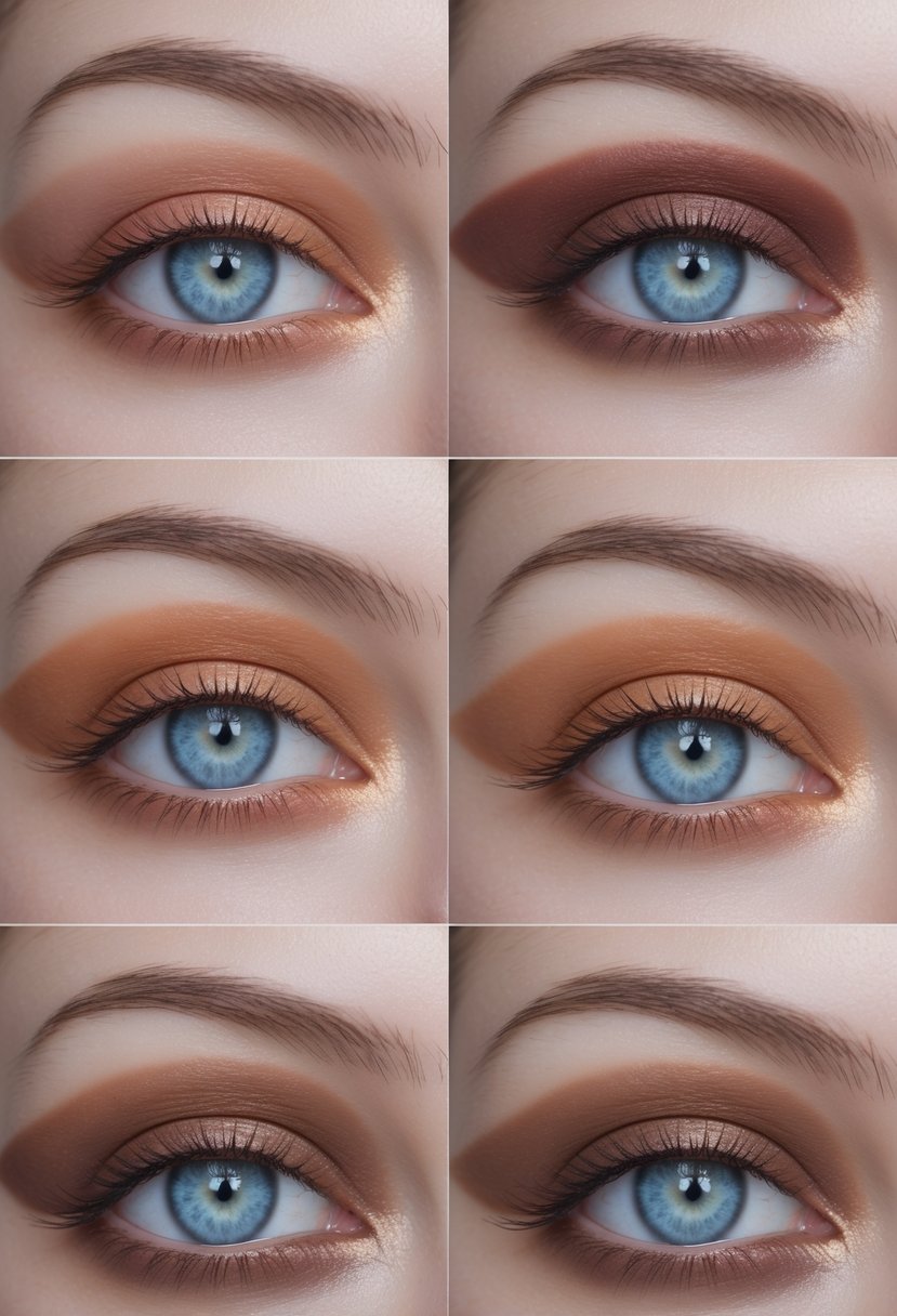 Close-up of a woman's blue eyes showing five different warm brown eye makeup styles for natural contrast.