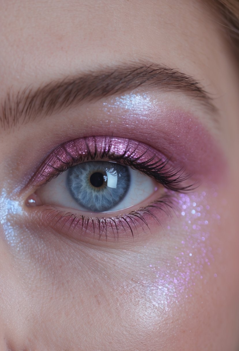 Close-up of a blue eye with shimmery pink eyeshadow applied softly on the eyelid.