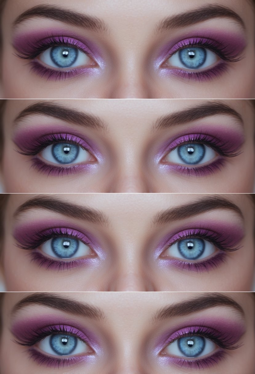 Close-up of a woman with blue eyes wearing five different berry-colored mascara eye makeup looks.