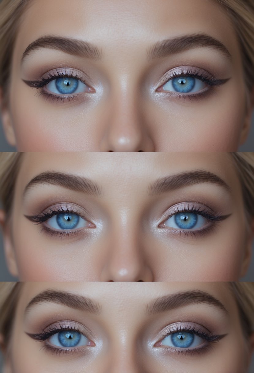 Close-up of a woman's face showing blue eyes with five different eye makeup styles.