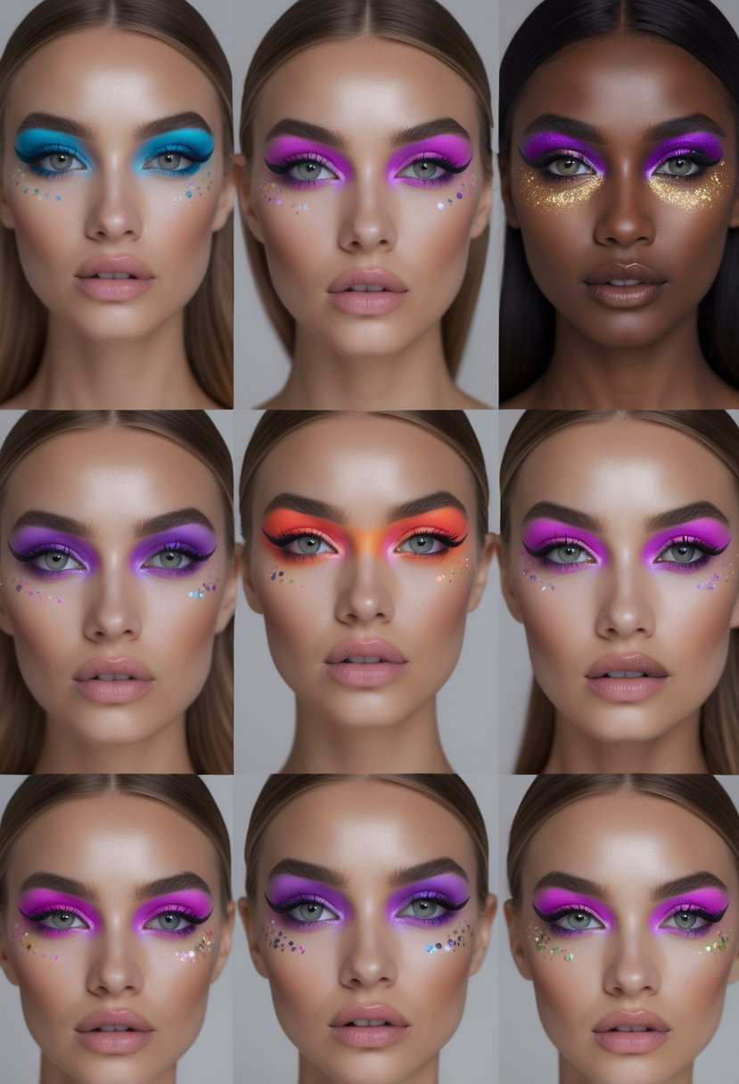 Six diverse models showing different colorful eye makeup looks arranged in a grid.