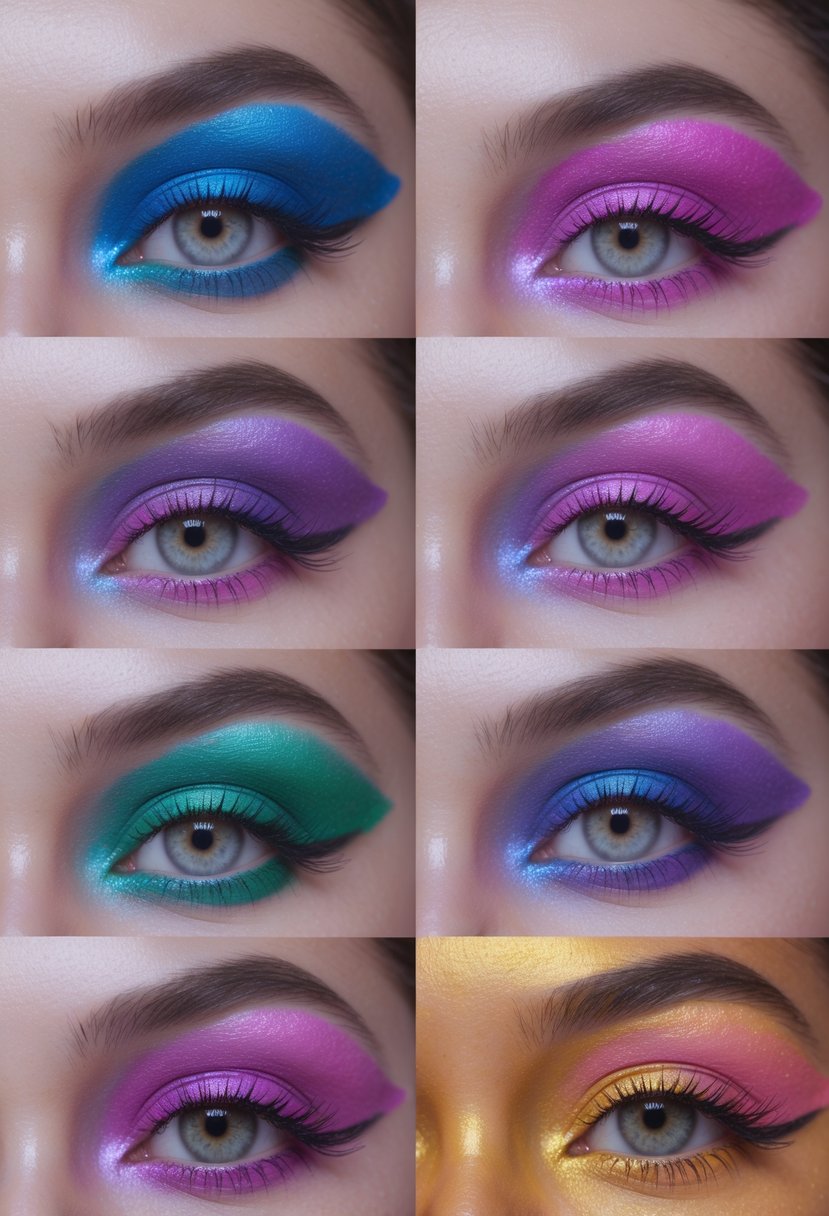 Close-up of six different women's eyes, each with brightly colored eye makeup in various shades including blue, purple, green, pink, gold, and orange.