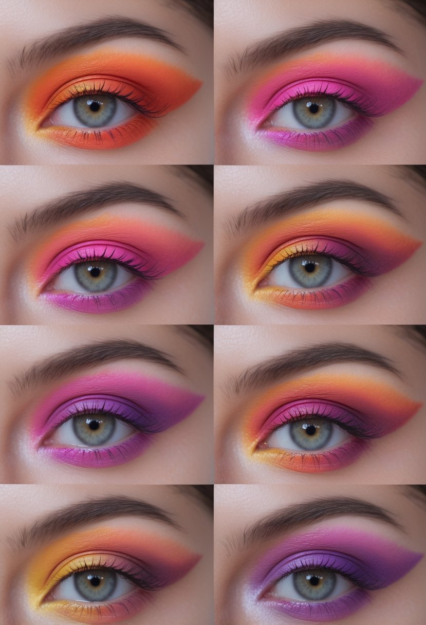 Close-up of six eyes displaying colorful sunset-inspired gradient eye makeup in warm shades.
