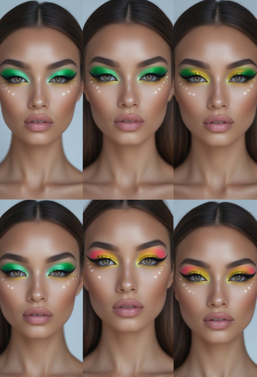 Six women with colorful tropical green cut crease eye makeup looks, each showing a unique vibrant style.