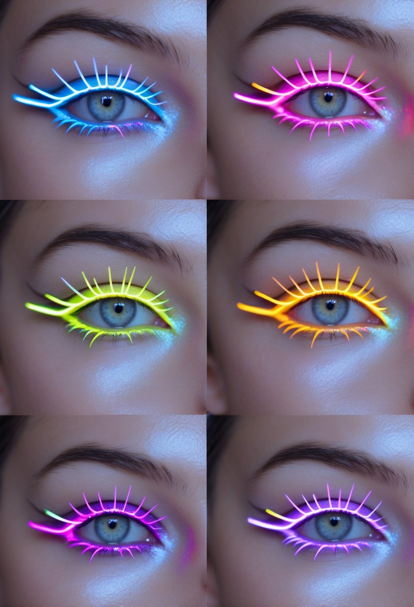 Close-up of six different eyes each wearing colorful neon eyeliner in unique graphic designs.