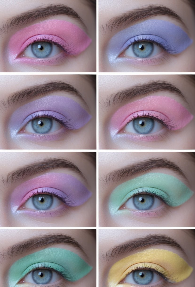 Six close-up views of eyes with colorful pastel rainbow eye makeup in different styles.