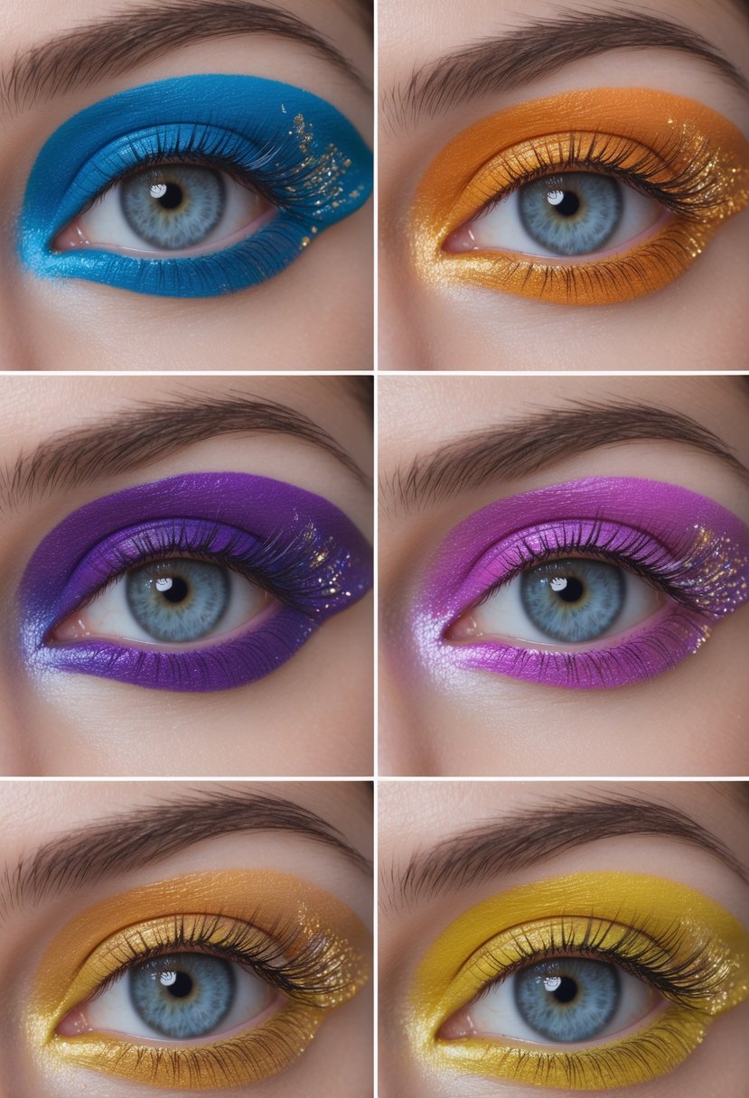 Close-up of six eyes with colorful eye makeup featuring metallic gold accents on the eyelids.