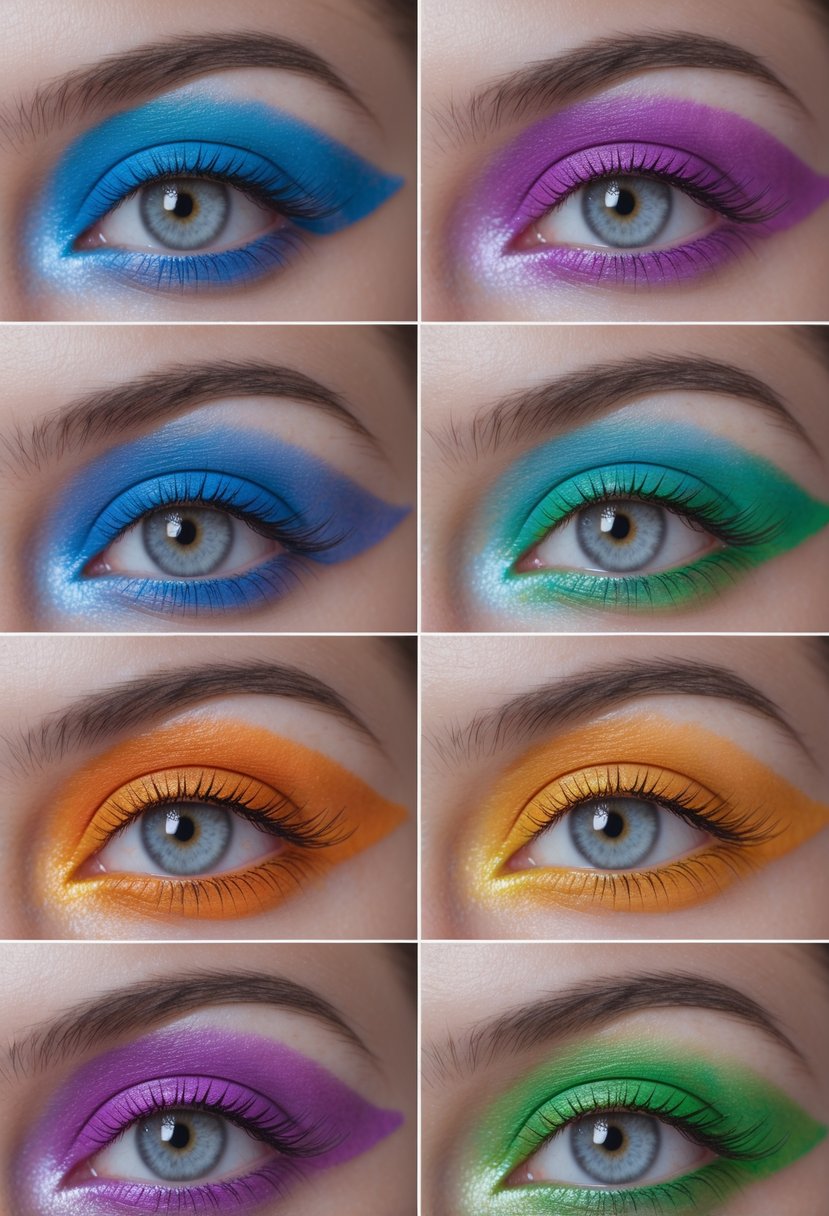 Close-up of six eyes each featuring a different colorful eye makeup look with various bright and vibrant eyeshadow colors.