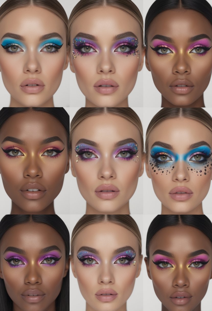 Six models showing different colorful and creative eye makeup styles in a bright studio setting.
