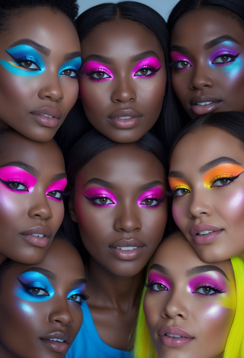 Close-up of six women showing bright neon eyeshadow in various vibrant colors and styles, smiling and posing together.