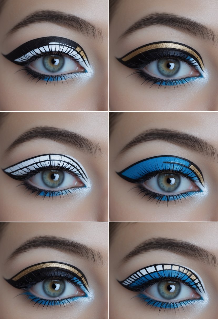 Close-up of six eyes each with different graphic eyeliner designs featuring geometric shapes and bold lines.