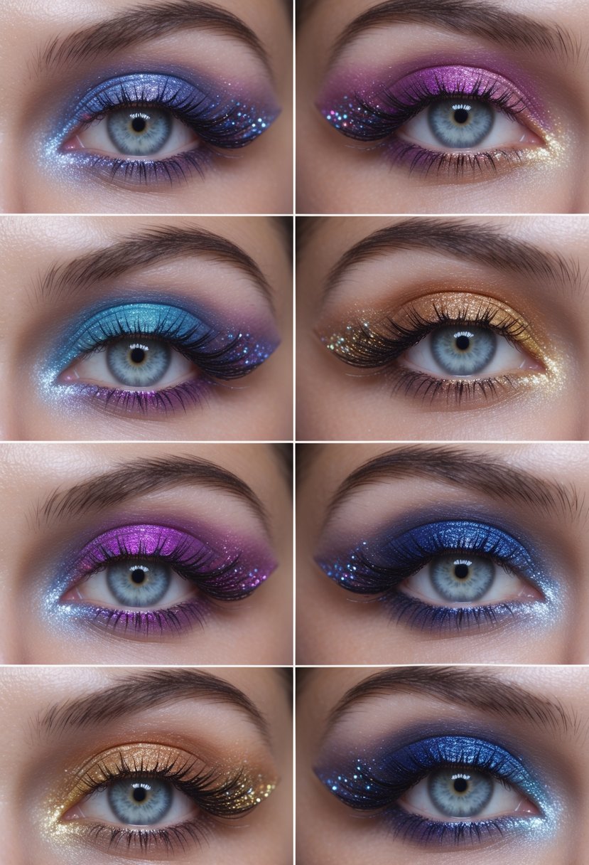 Close-up of six different eyes with colorful glittery eye makeup on the eyelids.