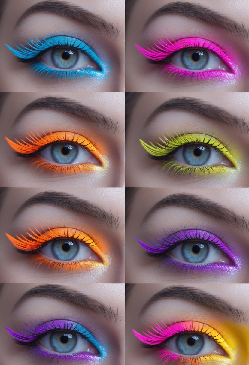 Six close-up images of eyes with colorful winged eyeliner in different bright colors arranged together.