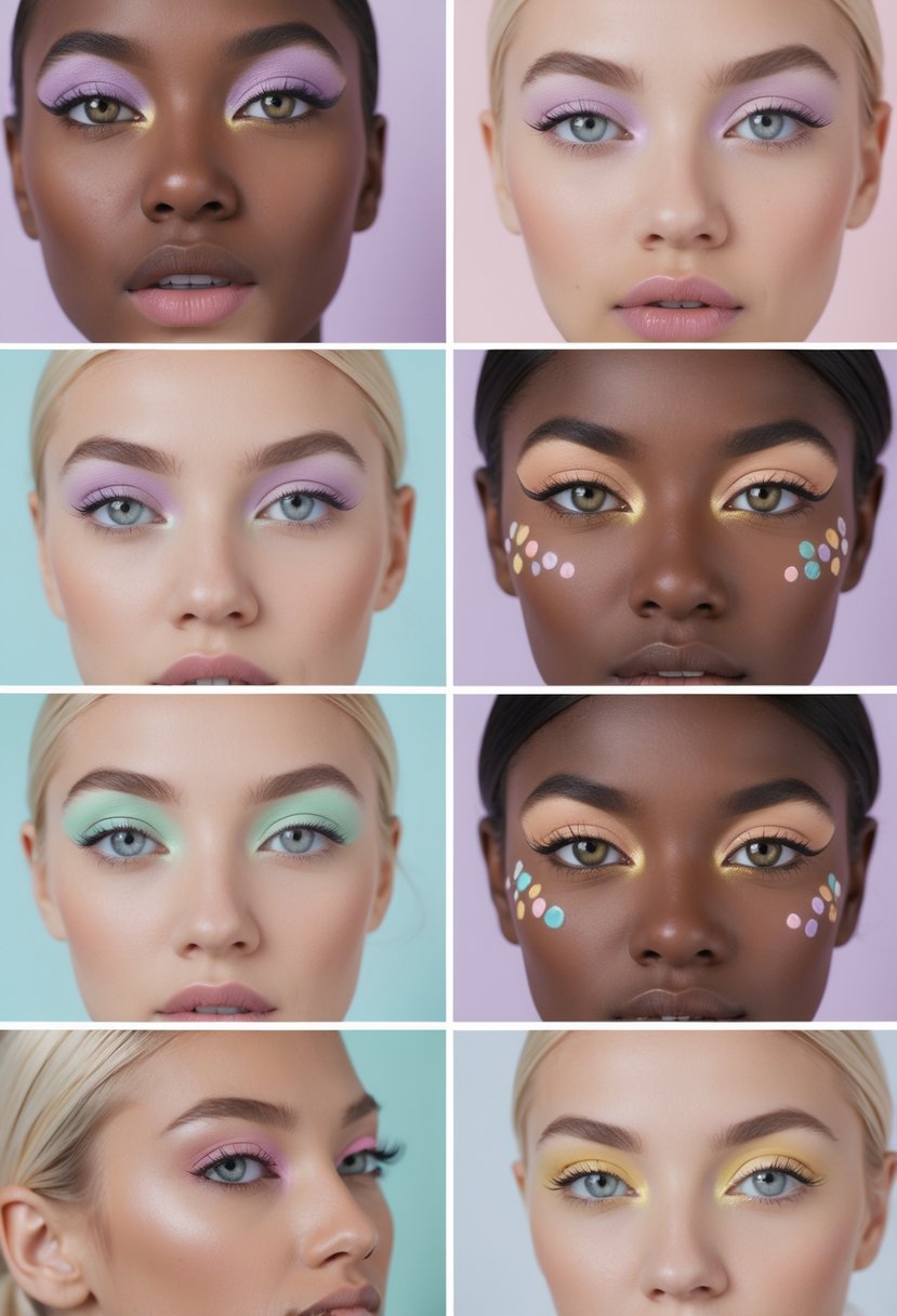 Six close-up portraits of women showing different colorful eye makeup looks with soft pastel shades.