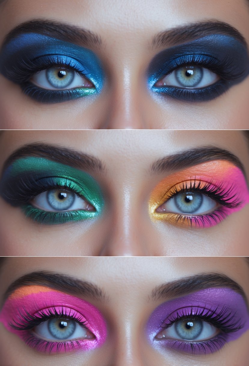 Close-up of a woman's eyes featuring six different smoky eye makeup looks with bright accent colors.