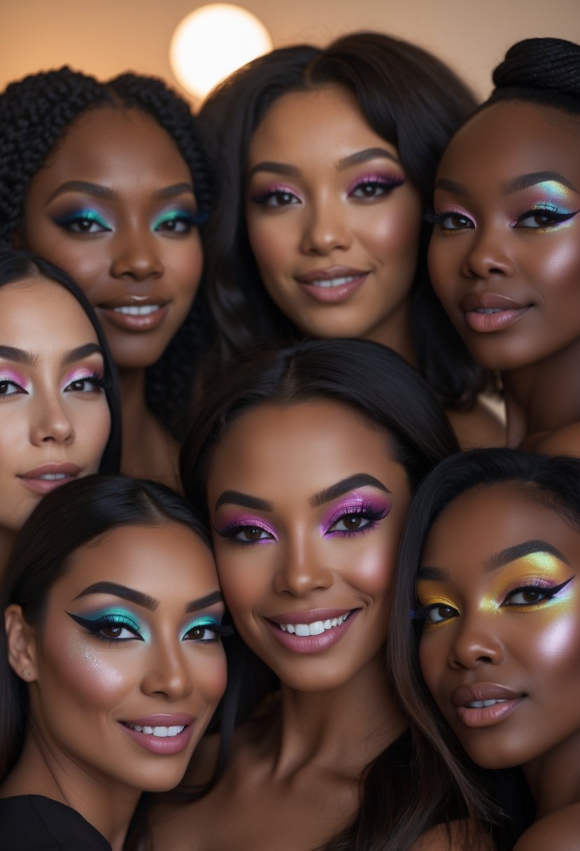 Six women with different skin tones smiling and showing six different colorful eye makeup styles.