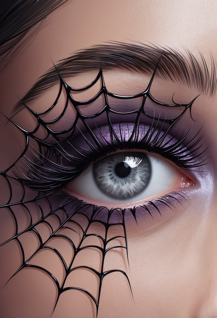 Close-up of an eye with black spiderweb eyeliner and dark smoky eyeshadow, styled for a Halloween look.