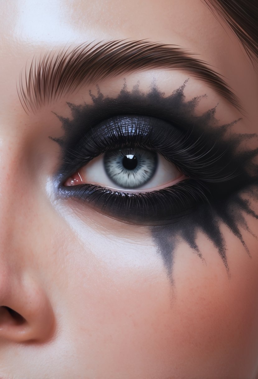 Close-up of a female eye with blood red eyeliner and smudged black eyeshadow makeup.