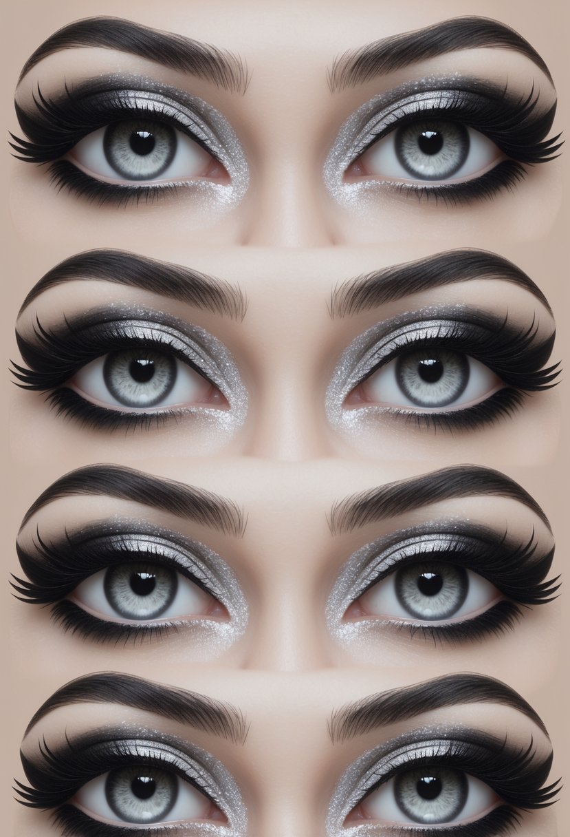 Seven eyes displaying different Halloween-themed makeup with bold black eyeliner and silver shimmer eyeshadow.