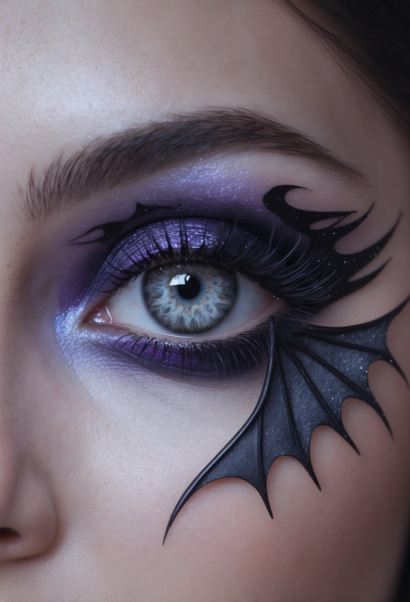 Close-up of an eye with Halloween makeup featuring bat wings extending from the outer corner.