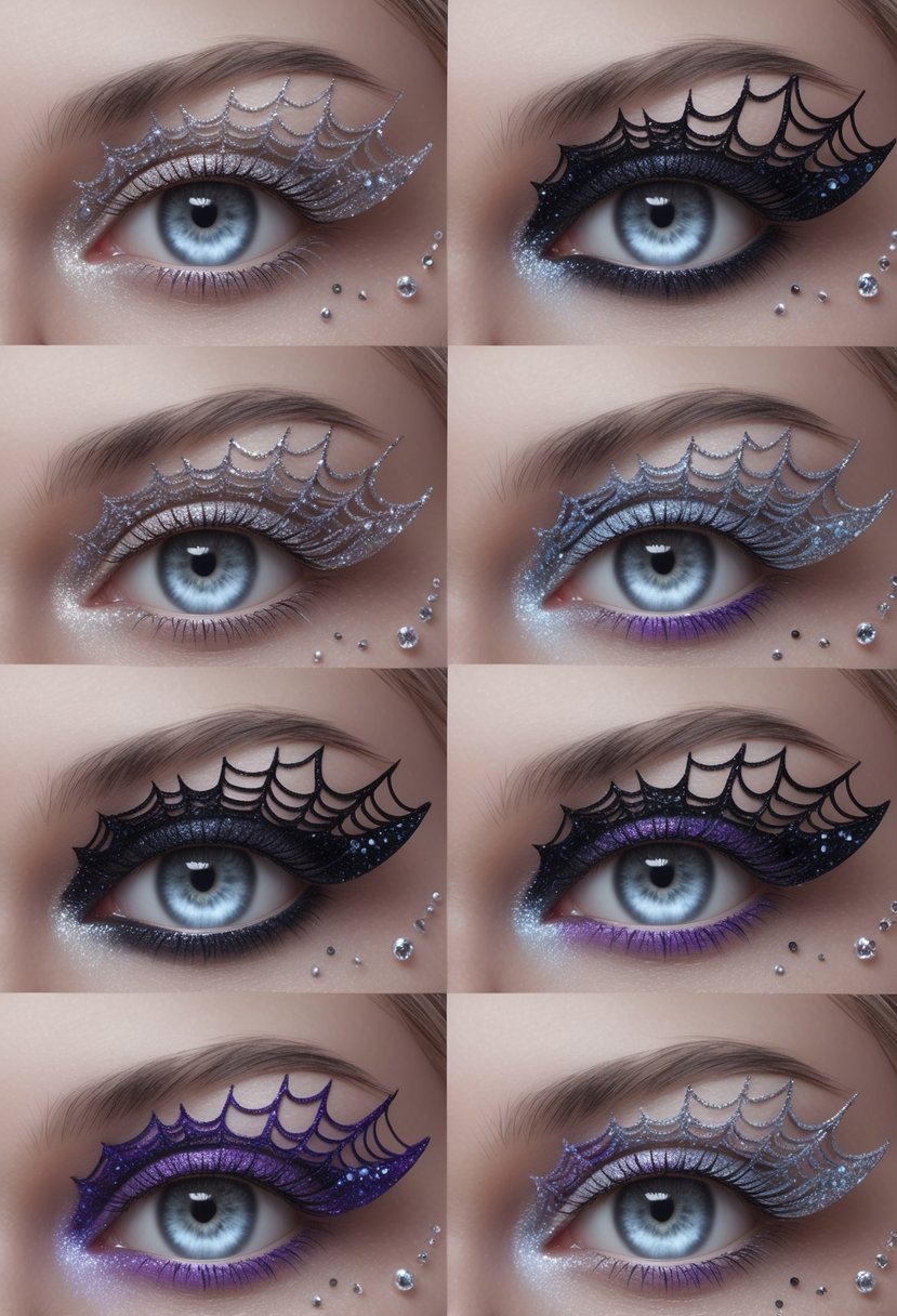 Seven close-up eyes with glittery cobweb designs on the eyelids in different Halloween makeup styles.