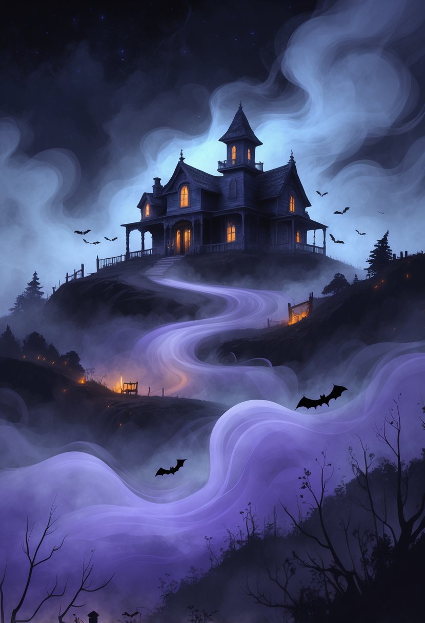 A smoky haunted house on a hill surrounded by fog with subtle Halloween-themed details resembling eye makeup shapes.