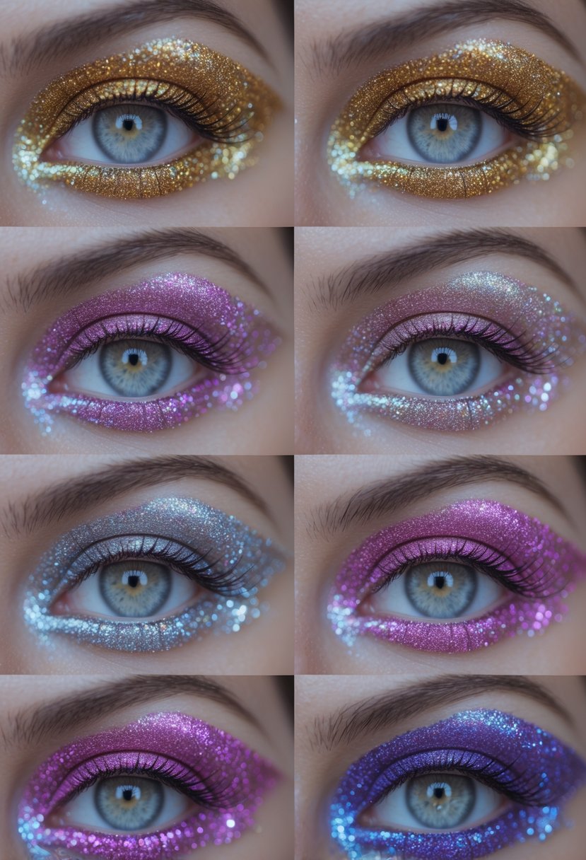 Close-up of a woman's eyes with six different colorful glitter eye makeup styles.