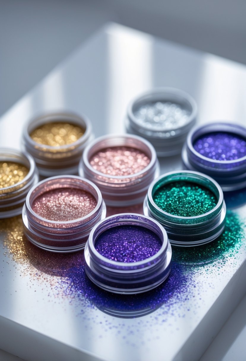 Six small open containers of colorful loose eye glitter powders arranged on a white surface.