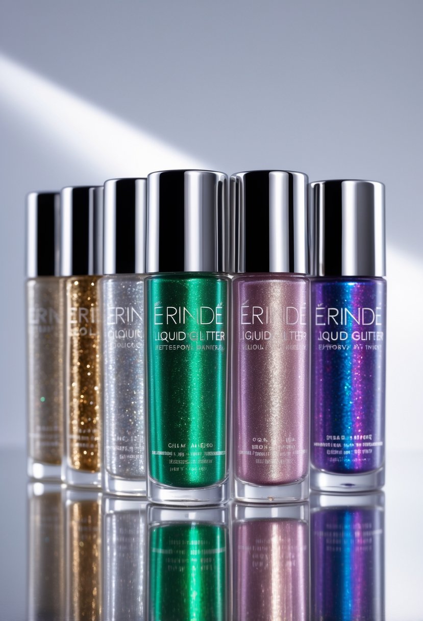 Six bottles of liquid glitter eyeshadow eyeliner in various colors arranged on a reflective surface.